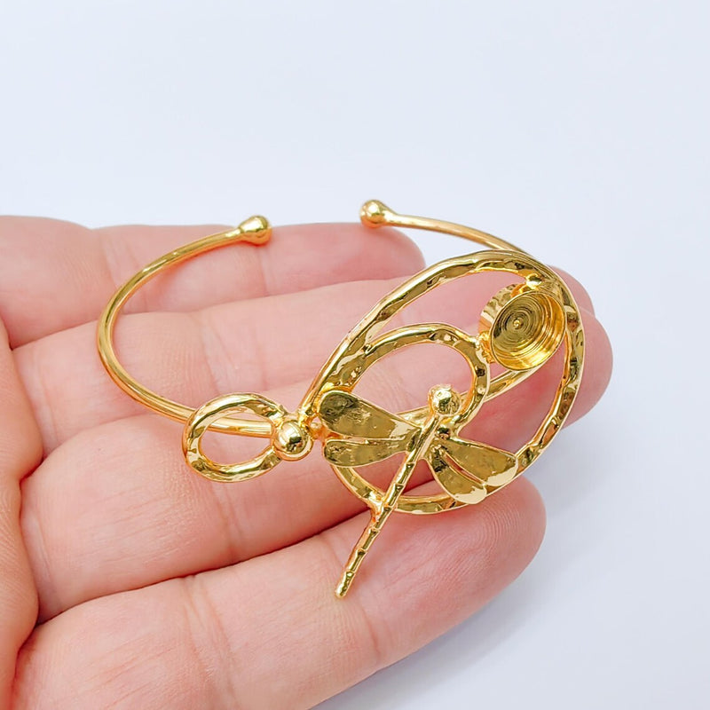 Dragonfly Bracelet Bezel, Adjustable Cuff Bangle, Boho Jewelry Making Supplies, Shiny Gold Brass, 8mm G37355