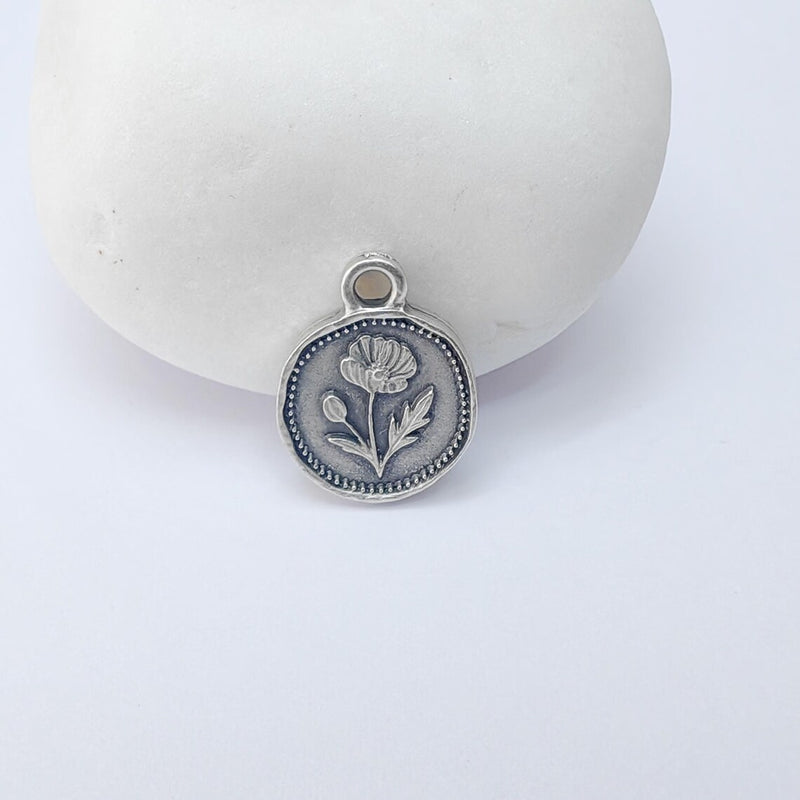 4 Poppy Flower Charm, Double Sided Flower Pendant, Boho Jewelry Making Supplies, Antique Silver Plated, 16x12mm G37353