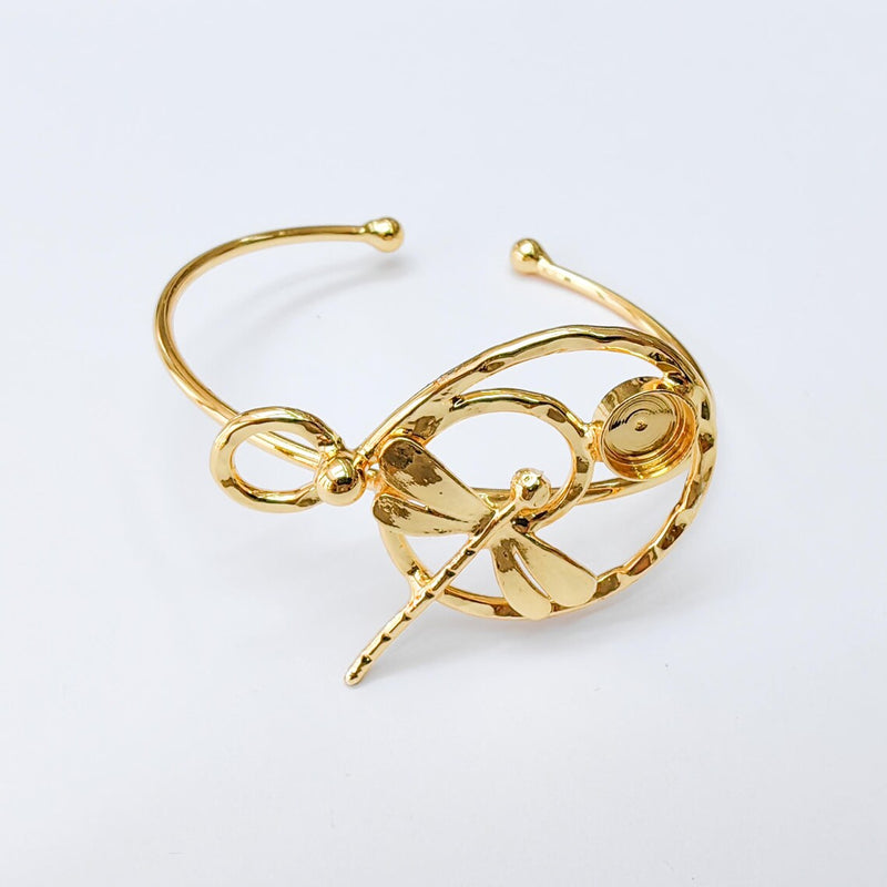 Dragonfly Bracelet Bezel, Adjustable Cuff Bangle, Boho Jewelry Making Supplies, Shiny Gold Brass, 8mm G37355