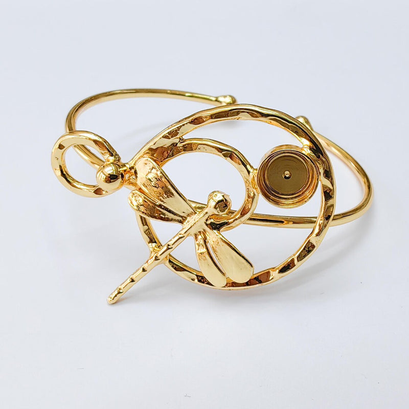Dragonfly Bracelet Bezel, Adjustable Cuff Bangle, Boho Jewelry Making Supplies, Shiny Gold Brass, 8mm G37355