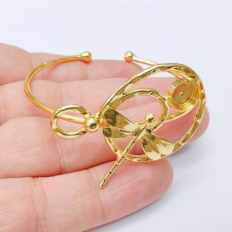 Dragonfly Bracelet Bezel, Adjustable Cuff Bangle, Boho Jewelry Making Supplies, Shiny Gold Brass, 8mm G37355