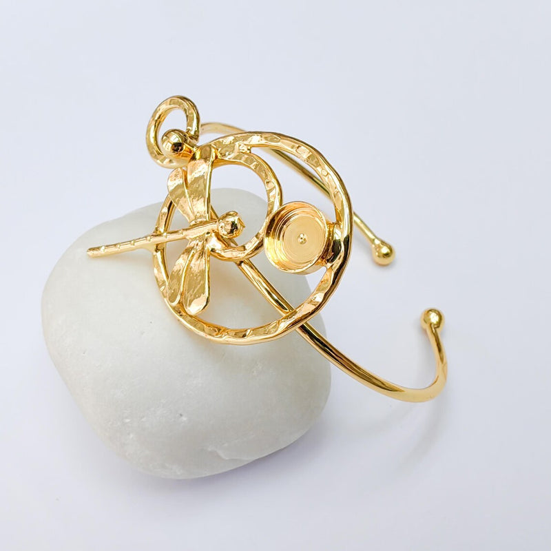Dragonfly Bracelet Bezel, Adjustable Cuff Bangle, Boho Jewelry Making Supplies, Shiny Gold Brass, 8mm G37355