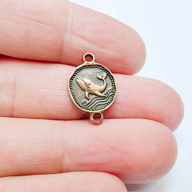 4 Whale Charm Connector, Double Sided Ocean Symbol Design, Antique Copper Plated, 19x13mm, G37746