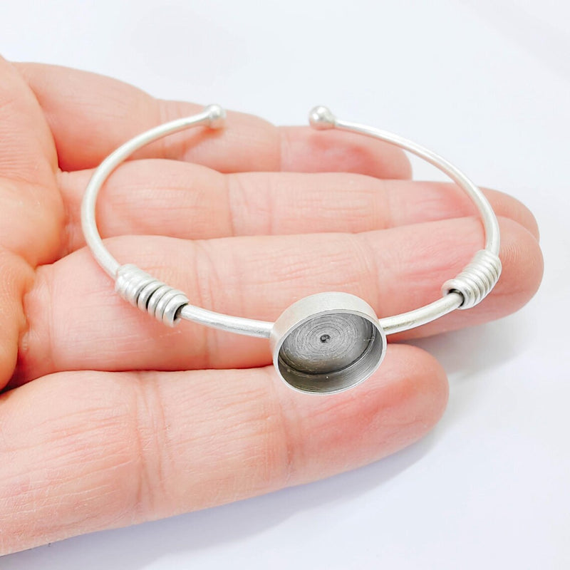 Adjustable Bracelet Blank, 12mm Round Bezel Setting, Open Cuff Base, Cabochon Bracelet, G37851