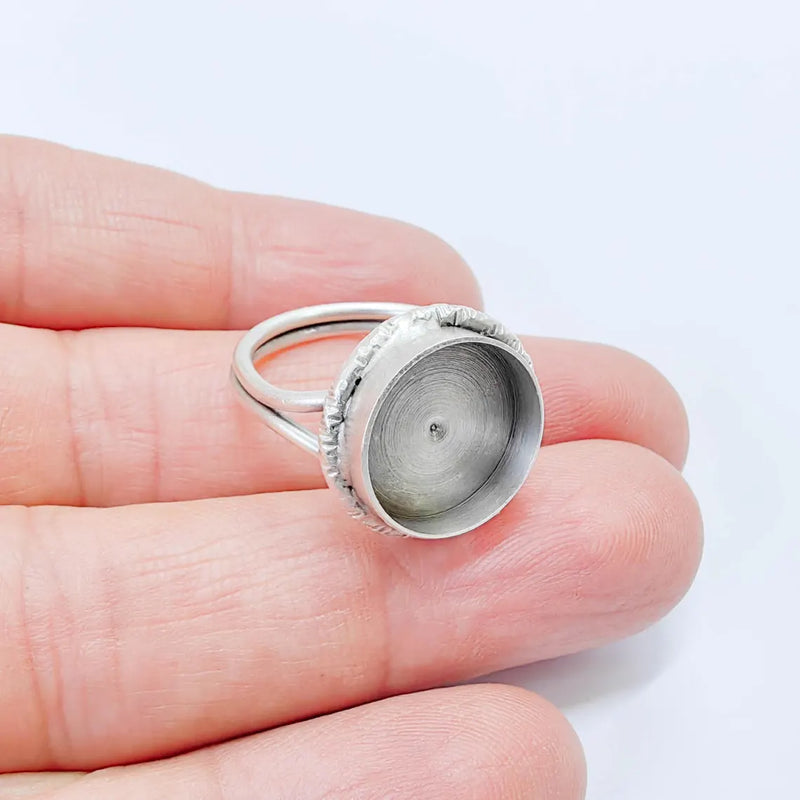 Antique Silver Adjustable Ring Base, 14mm Bezel, Textured Edge Setting, G37858