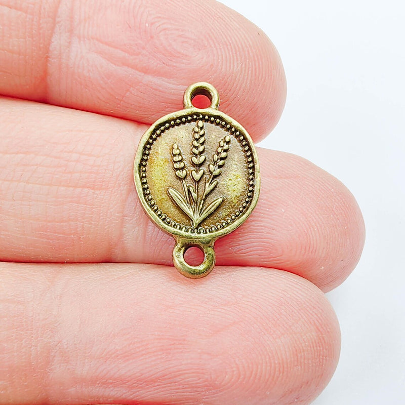 4 Lavender Connector Charm, Round Pendant, Double Sided, Antique Bronze Plated, 20x13mm G37907