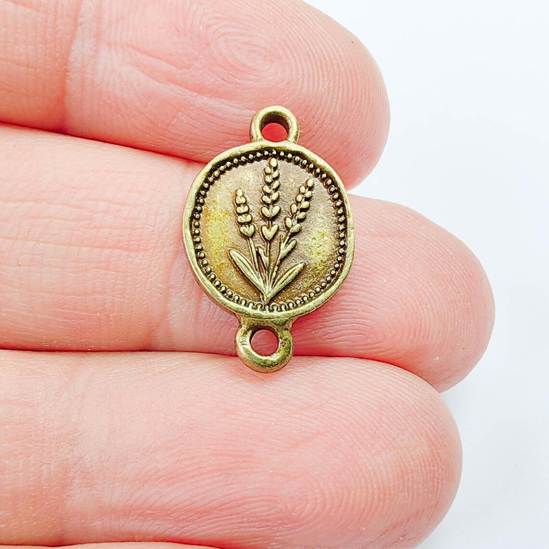 4 Lavender Connector Charm, Round Pendant, Double Sided, Antique Bronze Plated, 20x13mm G37907
