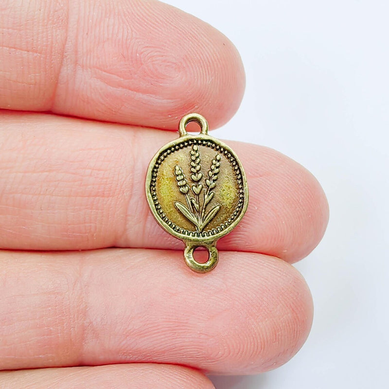 4 Lavender Connector Charm, Round Pendant, Double Sided, Antique Bronze Plated, 20x13mm G37907