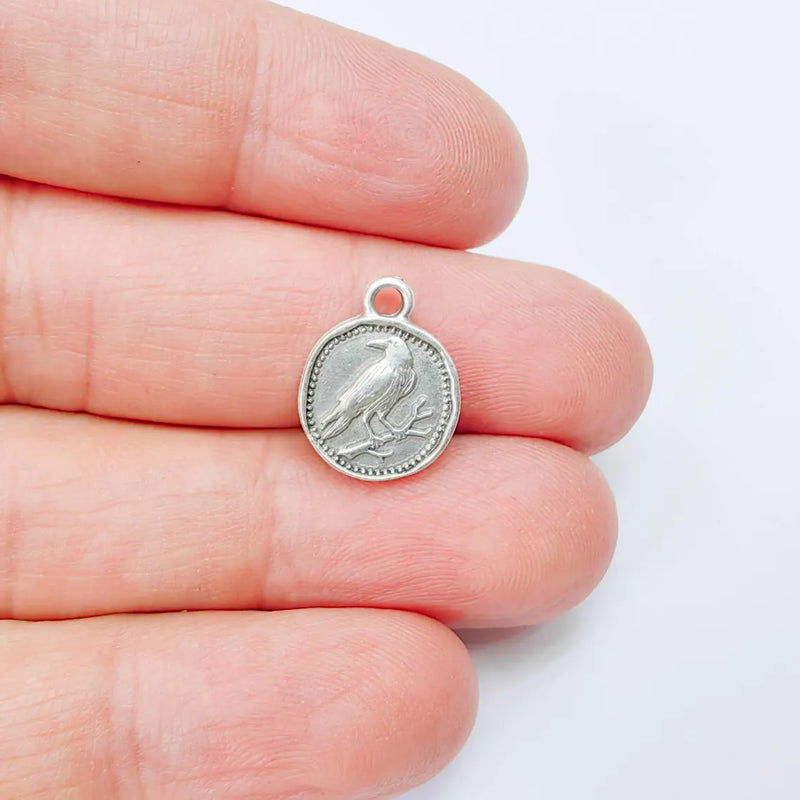 4 Pcs Raven Bird Charm Pendant, Double Sided Animal Design, Antique Silver Plated, 16x13mm, G37932
