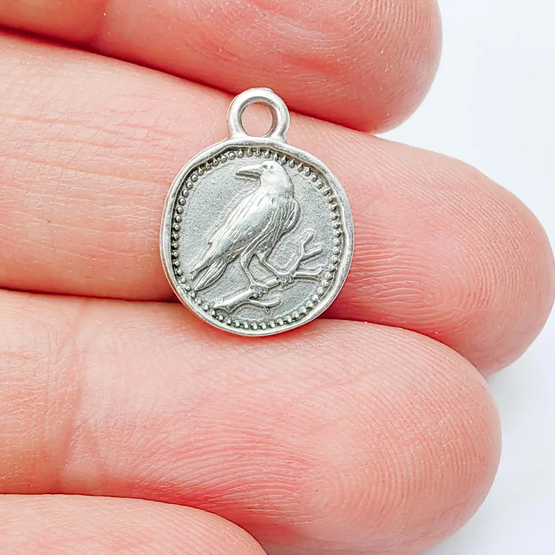 4 Pcs Raven Bird Charm Pendant, Double Sided Animal Design, Antique Silver Plated, 16x13mm, G37932