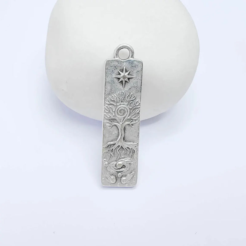 Tree of Life Pendant Charm, Double Sided Celestial Design, Antique Silver Plated, 38x10mm, G38130
