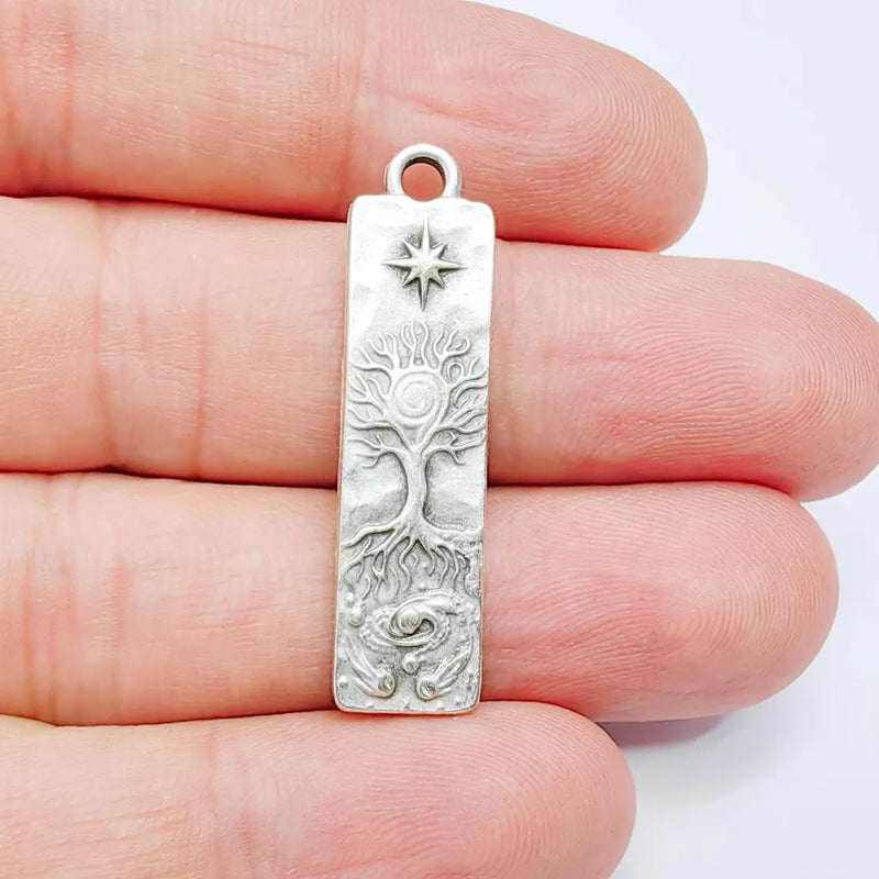 Tree of Life Pendant Charm, Double Sided Celestial Design, Antique Silver Plated, 38x10mm, G38130