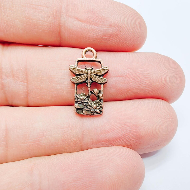 4 Pcs Dragonfly Lotus Pond Charm Pendant, Nature Garden Design, Copper Plated, 20x11mm, G38135