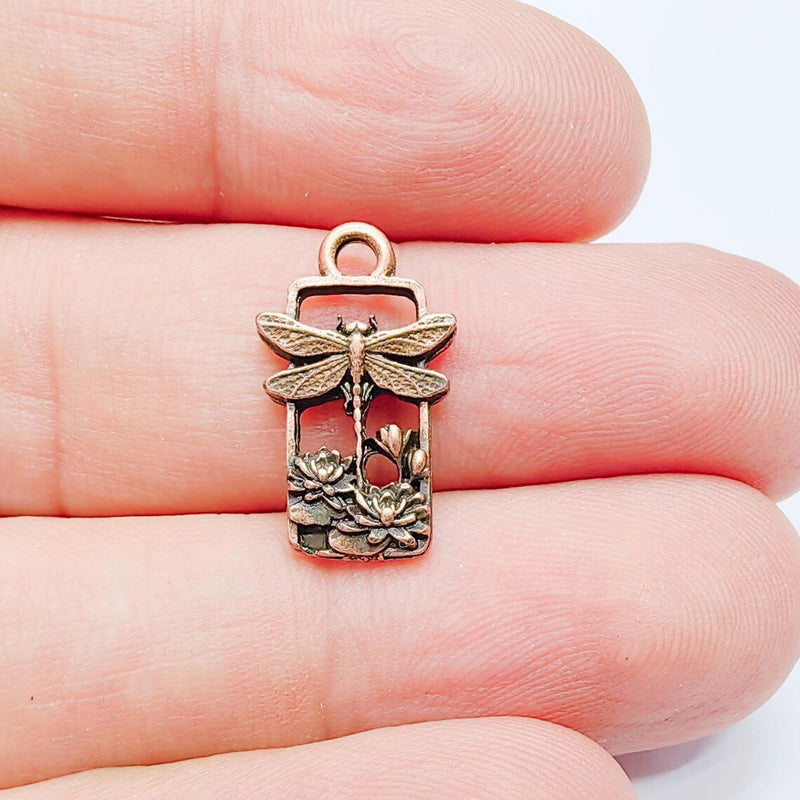 4 Pcs Dragonfly Lotus Pond Charm Pendant, Nature Garden Design, Copper Plated, 20x11mm, G38135