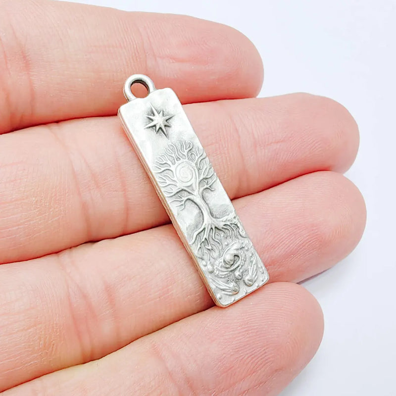 Tree of Life Pendant Charm, Double Sided Celestial Design, Antique Silver Plated, 38x10mm, G38130