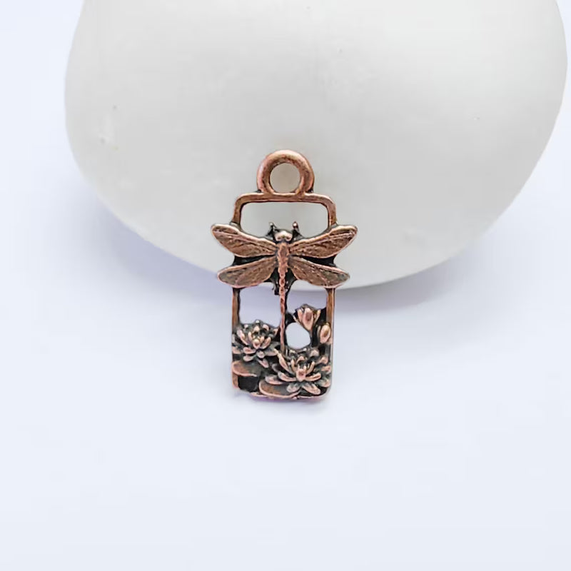 4 Pcs Dragonfly Lotus Pond Charm Pendant, Nature Garden Design, Copper Plated, 20x11mm, G38135