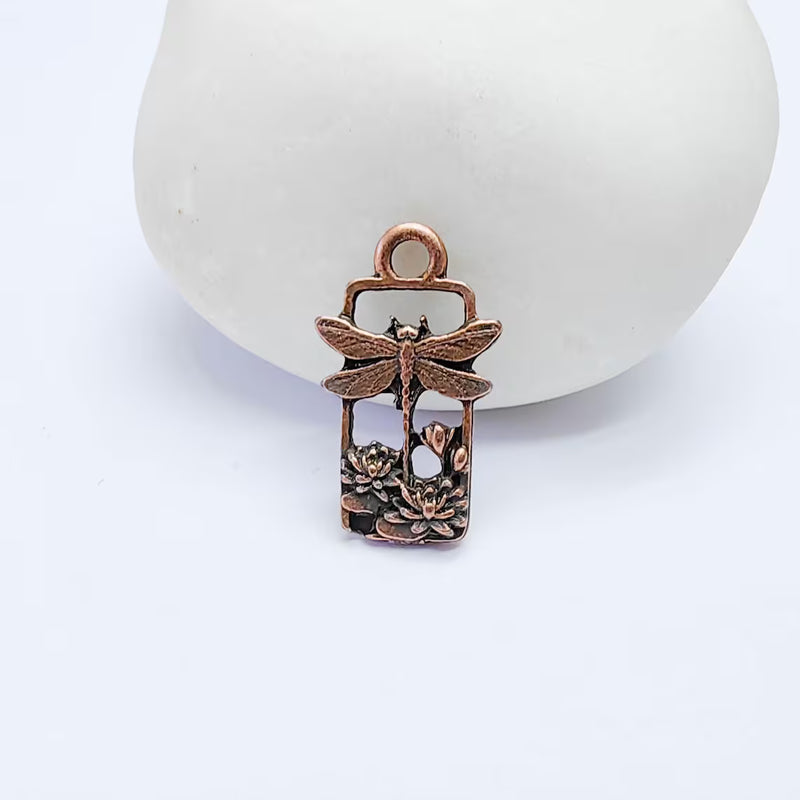 4 Pcs Dragonfly Lotus Pond Charm Pendant, Nature Garden Design, Copper Plated, 20x11mm, G38135