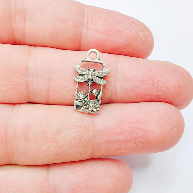4 Pcs Dragonfly Lotus Pond Charm Pendant, Nature Garden Design, Antique Silver Plated, 20x11mm, G38161