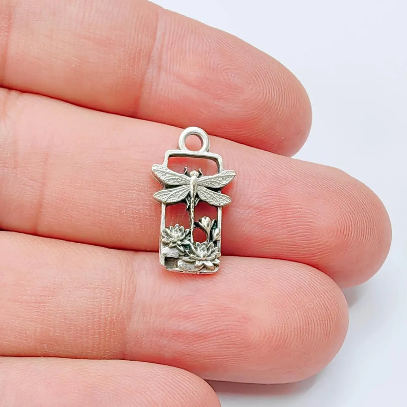 4 Pcs Dragonfly Lotus Pond Charm Pendant, Nature Garden Design, Antique Silver Plated, 20x11mm, G38161
