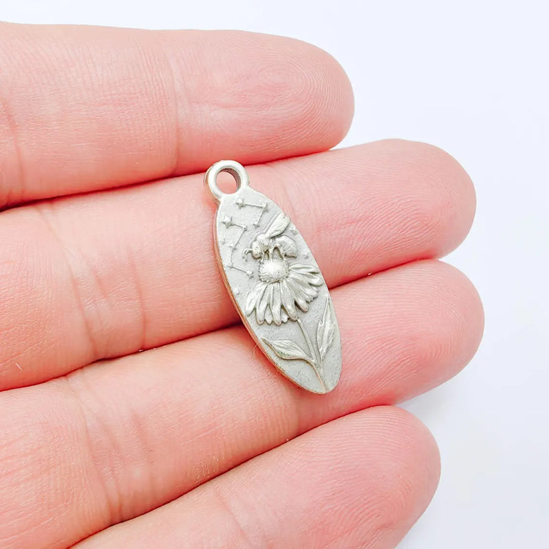 Bee & Wildflower Pendant Charm, Double Sided Botanical Design, Antique Silver Plated, 30x11mm, G38170