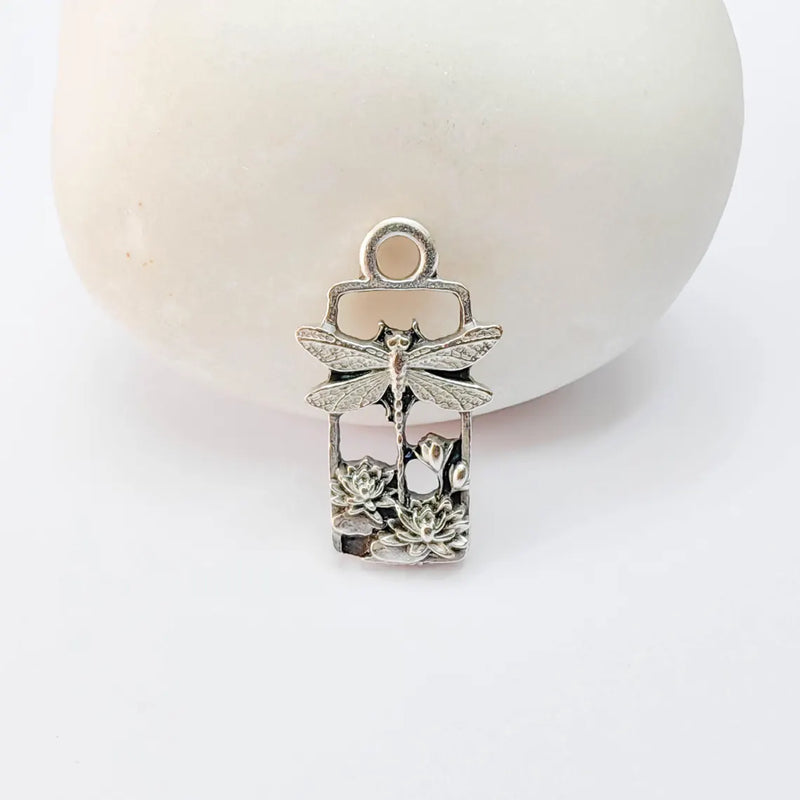 4 Pcs Dragonfly Lotus Pond Charm Pendant, Nature Garden Design, Antique Silver Plated, 20x11mm, G38161