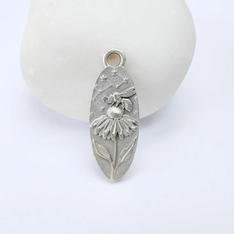 Bee & Wildflower Pendant Charm, Double Sided Botanical Design, Antique Silver Plated, 30x11mm, G38170
