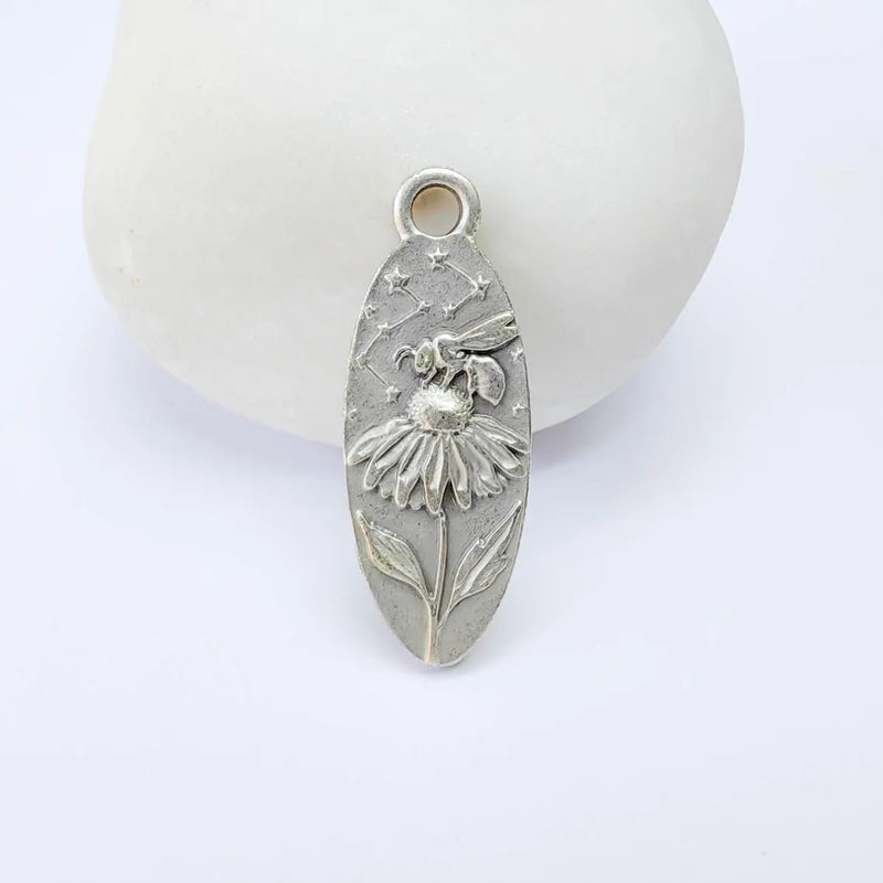 Bee & Wildflower Pendant Charm, Double Sided Botanical Design, Antique Silver Plated, 30x11mm, G38170