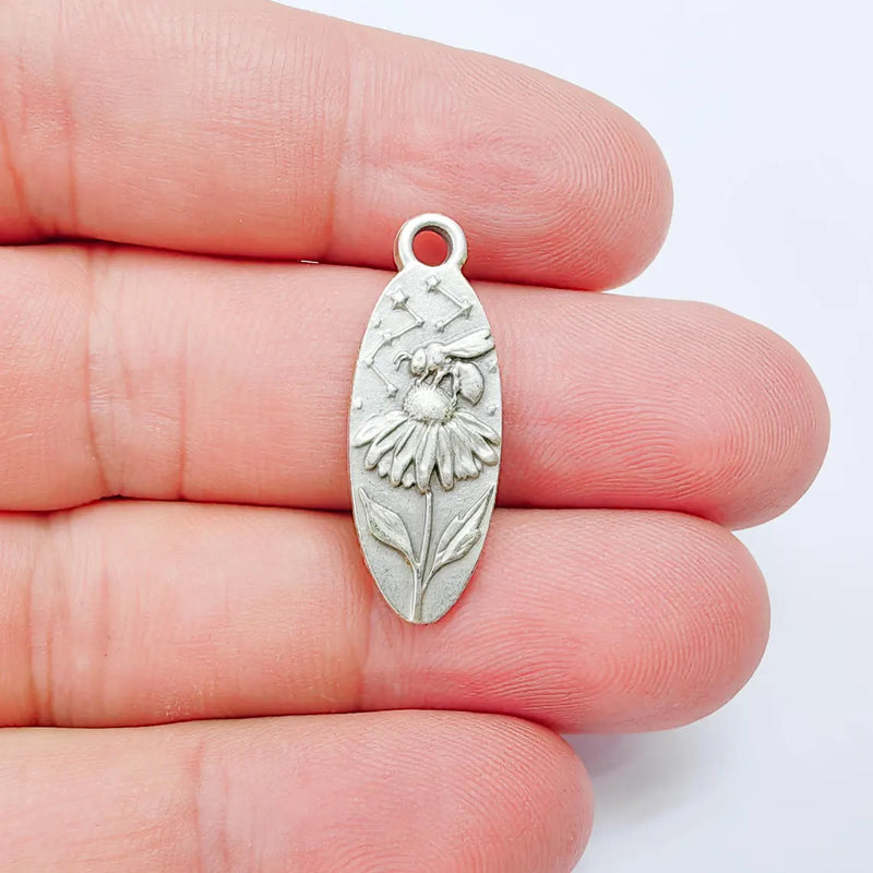 Bee & Wildflower Pendant Charm, Double Sided Botanical Design, Antique Silver Plated, 30x11mm, G38170