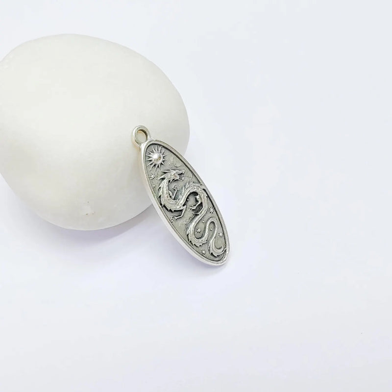 Dragon Oval Charm Pendant, Double Sided Mythical Design, Antique Silver Plated, 36x13mm, G38114