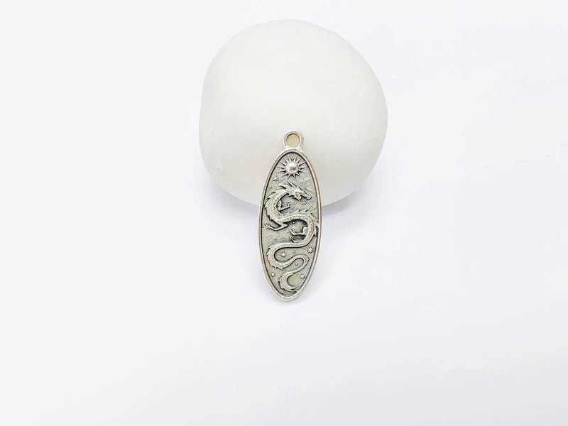 Dragon Oval Charm Pendant, Double Sided Mythical Design, Antique Silver Plated, 36x13mm, G38114