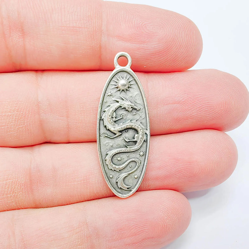 Dragon Oval Charm Pendant, Double Sided Mythical Design, Antique Silver Plated, 36x13mm, G38114