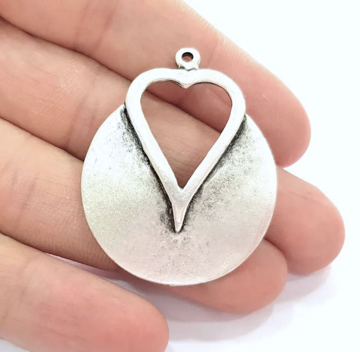 2 Silver Heart Pendant Antique Silver Plated Pendants (42x35mm)  G8114