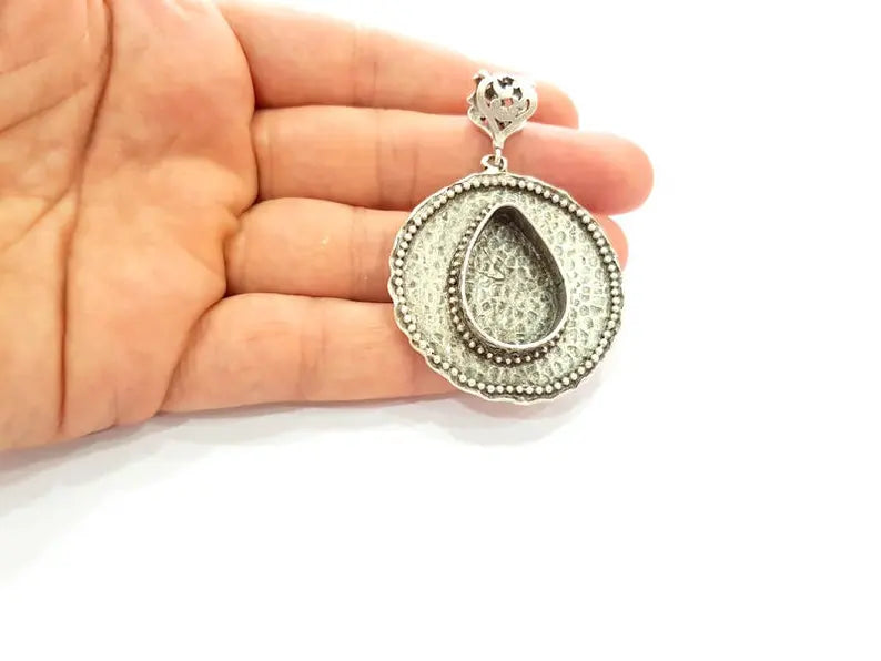 Silver Pendant Blank Bezel Base Setting Necklace Blank Resin Blank Mountings Antique Silver Plated Brass ( 63mm ) G34451
