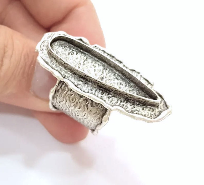 Silver Ring Blank Base Bezel Settings Cabochon Base Mountings Adjustable (35x10mm Blank) , Antique Silver Plated Brass G8674