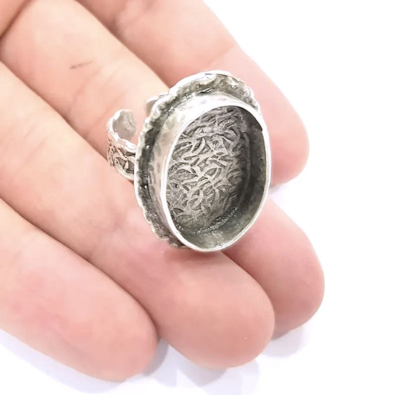 Silver Ring Setting Resin Ring Blank Cabochon Base inlay Ring Mounting Adjustable Ring Base Bezel (25x18mm)Antique Silver Plated Brass G9113