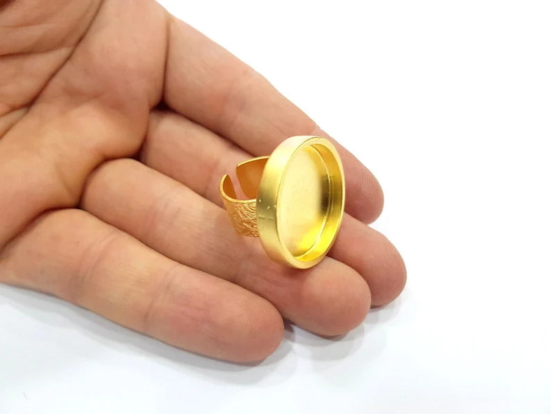 Gold Ring Base Blank Setting Cabochon Base inlay Ring Backs Mounting Adjustable Ring Base Bezel (25mm blank ) Gold Plated Metal G15854