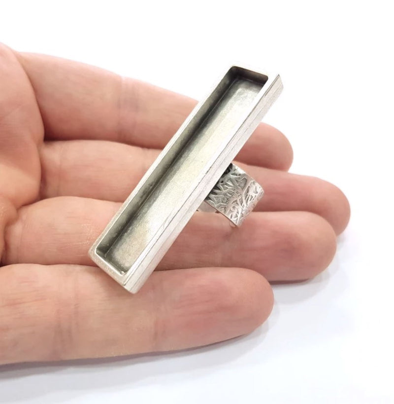 Silver Ring Blank Setting Cabochon Base inlay Ring Backs Mounting Adjustable Ring Base Bezel (50x10mm) Antique Silver Plated G15450