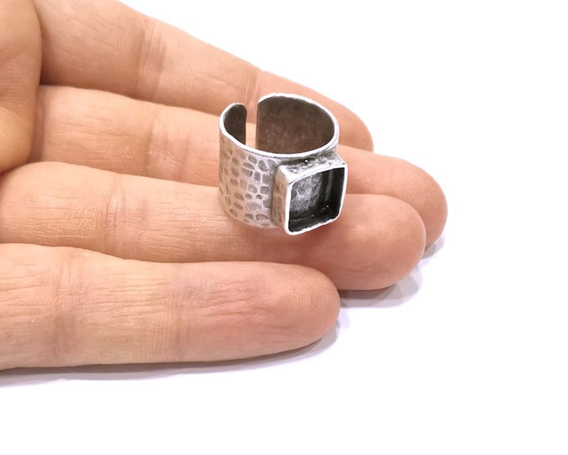 Silver Ring Setting Resin Ring Blank Cabochon Base inlay Ring Mounting Adjustable Ring Bezel (10x10mm)Antique Silver Plated Brass  G17872