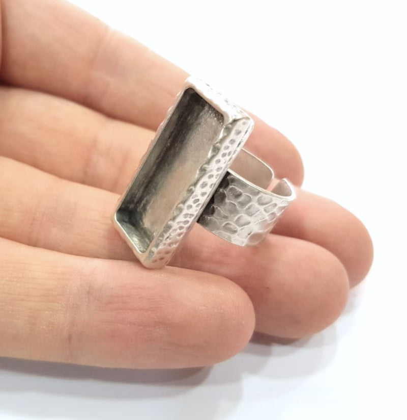 Ring Blank Setting Hammered Ring Base Bezel inlay Ring Backs Glass Cabochon Mounting Adjustable Antique Silver Plated Ring (25x10mm ) G19572