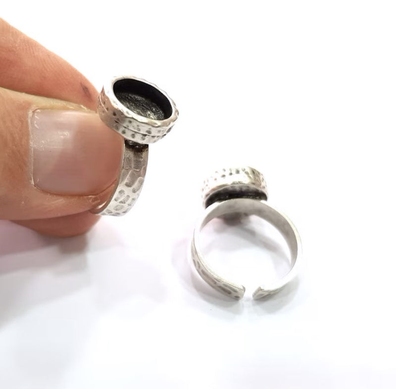 Ring Blank Setting Hammered Ring Base Bezel inlay Ring Backs Glass Cabochon Mounting Adjustable Antique Silver Plated Ring (10mm ) G16082