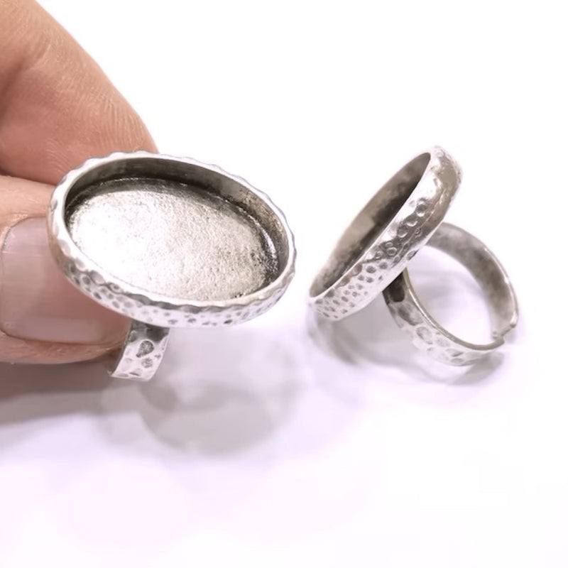Ring Blank Setting Hammered Ring Base Bezel inlay Ring Backs Glass Cabochon Mounting Adjustable Antique Silver Plated Ring (25x18mm ) G21040