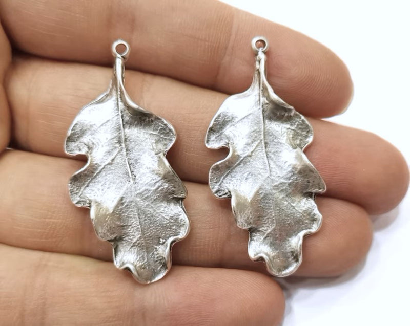 2 Silver Leaf Charms Antique Silver Plated Charms (46x22mm) G18065