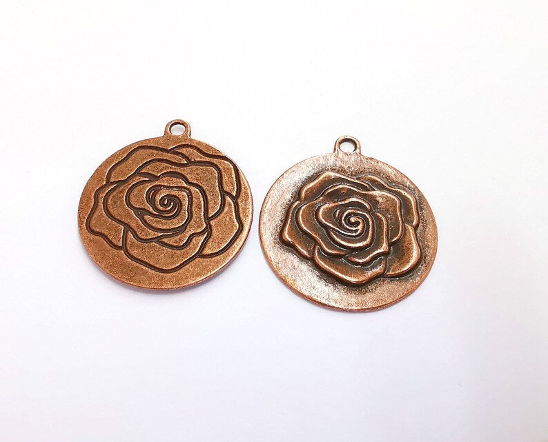 2 Rose Flower Double Sided (Sides Different) Charms Antique Copper Plated Charms (36x32mm) G21700