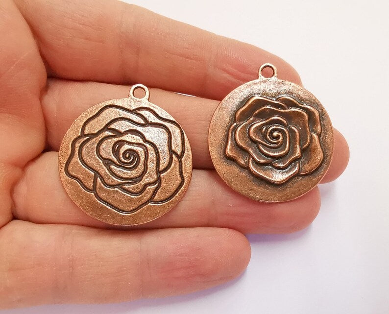 2 Rose Flower Double Sided (Sides Different) Charms Antique Copper Plated Charms (36x32mm) G21700