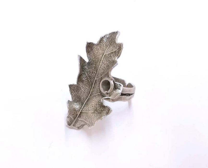 Leaf Silver Ring Setting Blank Cabochon Ring Mounting Adjustable Ring Base Bezel Oak Leaf Ring  (3.5 mm)Antique Silver Plated Brass  G21094