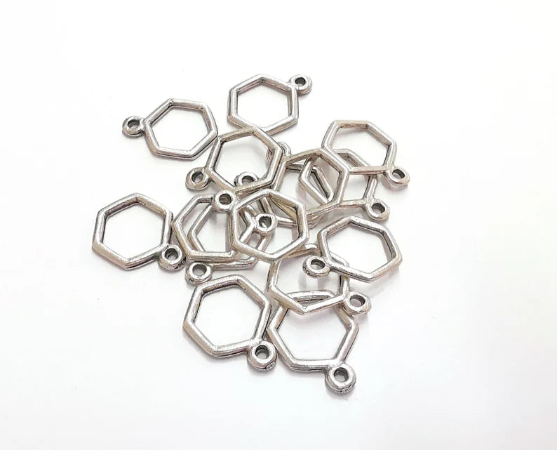 10 Hexagonal Charms Antique Silver Plated Charms (17x13mm) G21115