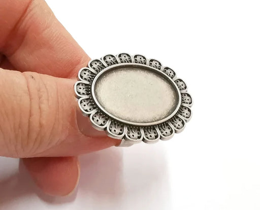 Silver Ring Setting Blank Cabochon Base Ring Mounting Adjustable Ring Base Bezel (25x18 mm) Antique Silver Plated G21288