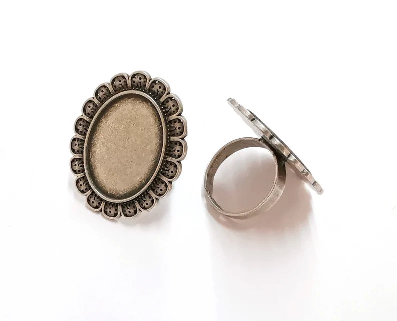 Silver Ring Setting Blank Cabochon Base Ring Mounting Adjustable Ring Base Bezel (25x18 mm) Antique Silver Plated G21288