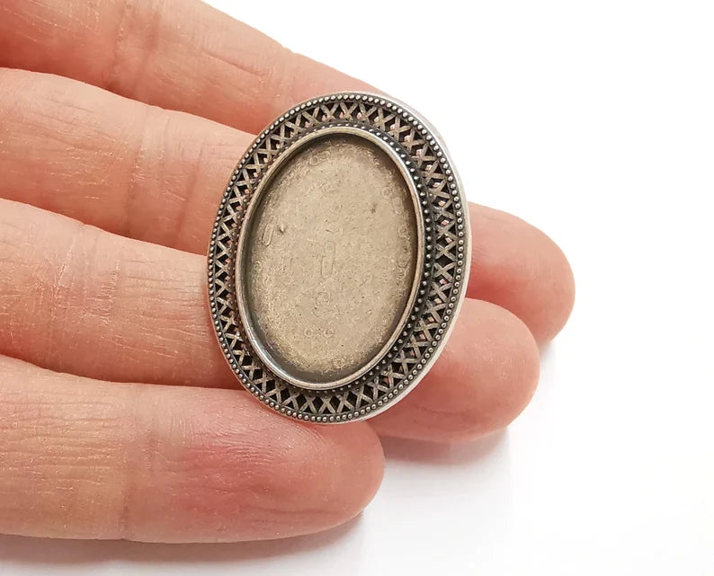Silver Ring Setting Blank Cabochon Base Ring Mounting Adjustable Ring Base Bezel (25x18 mm) Antique Silver Plated G21284