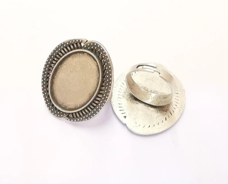 Silver Ring Setting Blank Cabochon Base Ring Mounting Adjustable Ring Base Bezel (25x18mm) Antique Silver Plated G22054